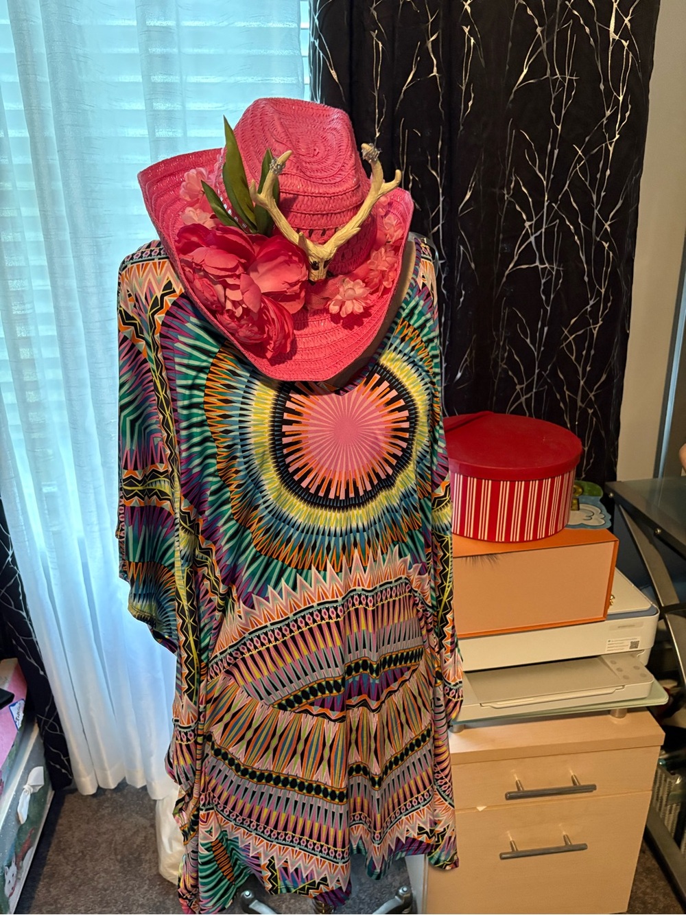 Bar III Hot Pink Floral Straw Hat with Multicolor Caftan